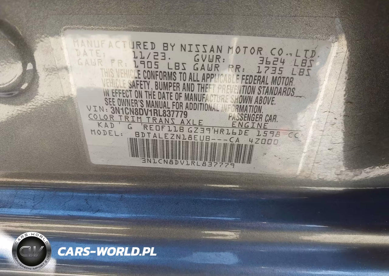 2024 Nissan Versa 1.6 S VIN:3N1CN8DV1RL837779 - 9