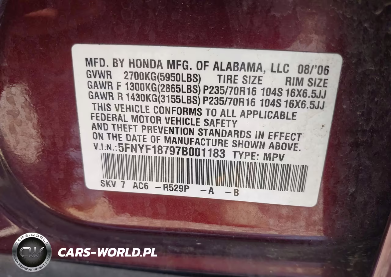 2007 Honda Pilot Ex-L VIN:5FNYF18797B001183 - 9