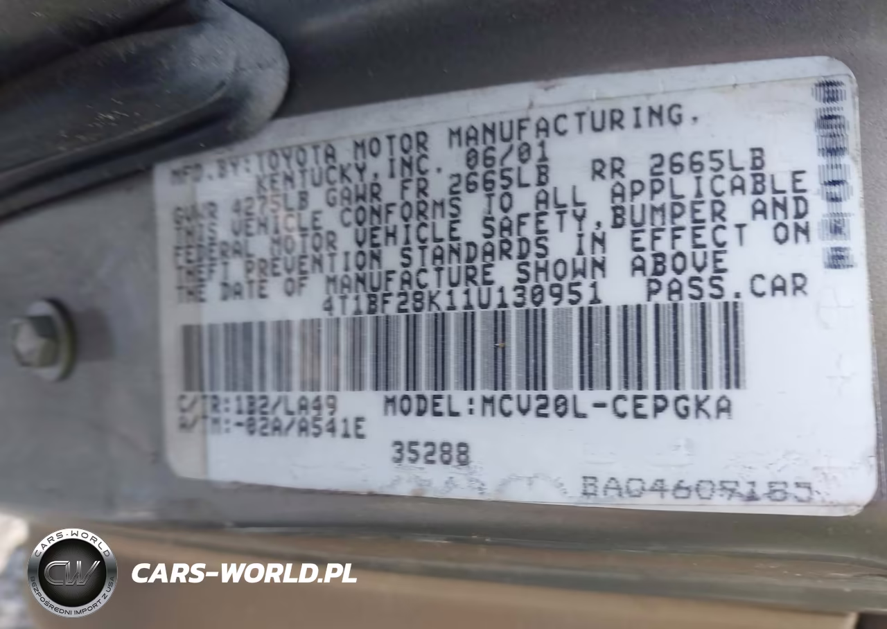 2001 Toyota Camry Xle V6 VIN:4T1BF28K11U130951 - 9