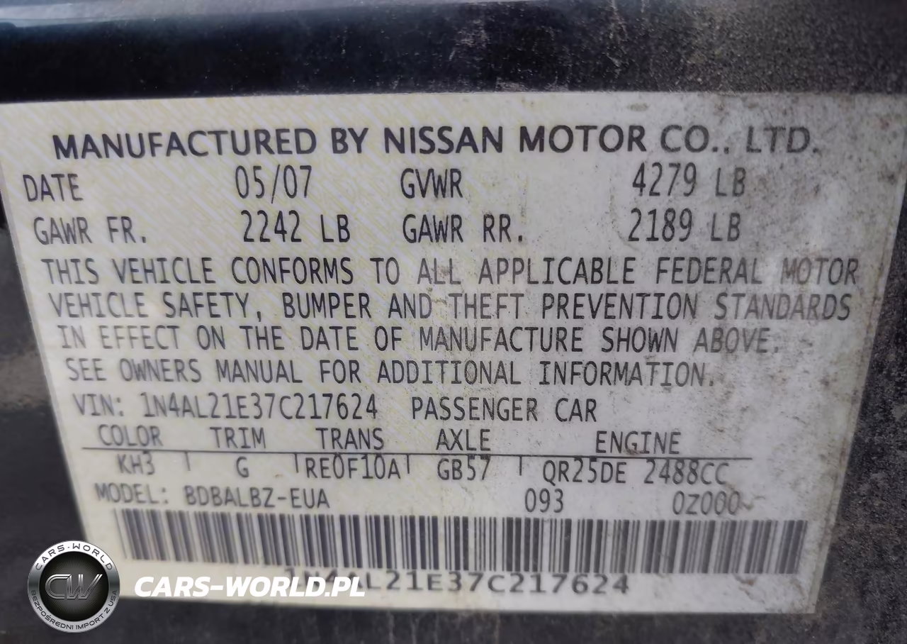 2007 Nissan Altima 2.5 S VIN:1N4AL21E37C217624 - 9