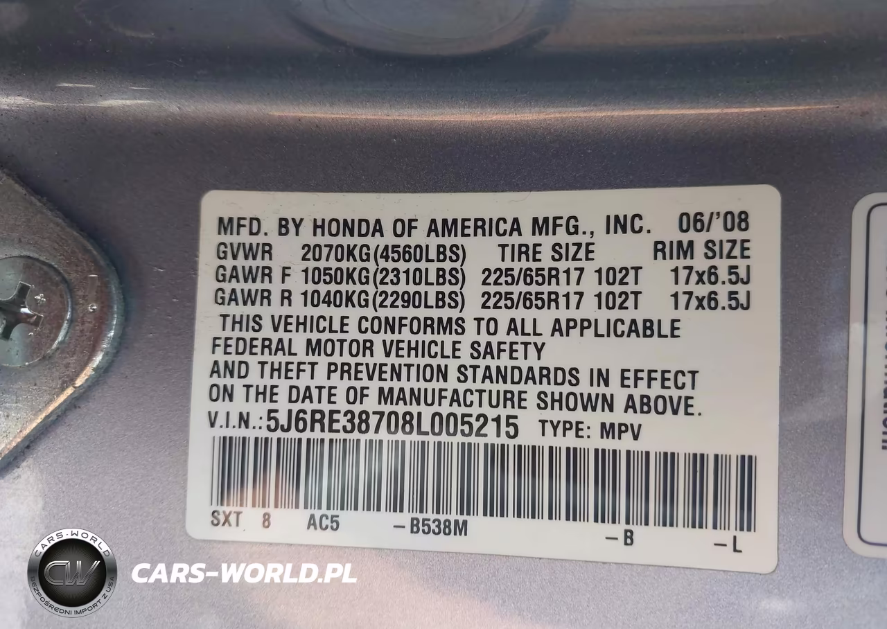 2008 Honda Cr-V Ex-L VIN:5J6RE38708L005215 - 9