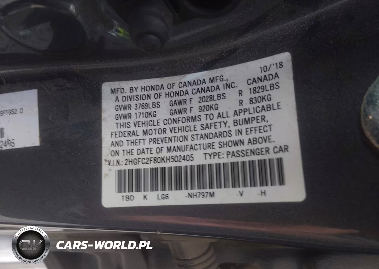 2019 Honda Civic Sport VIN:2HGFC2F80KH502405 - 9