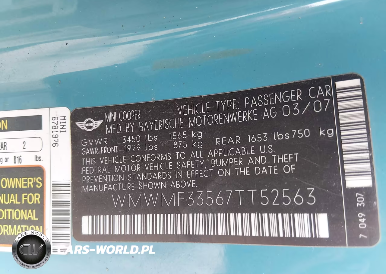 2007 Mini Cooper VIN:WMWMF33567TT52563 - 9