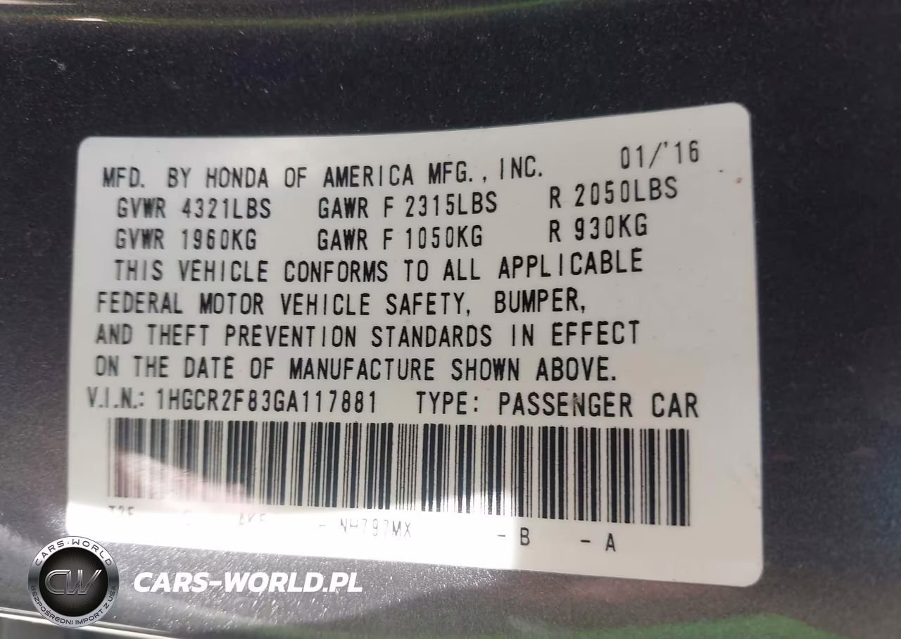 2016 Honda Accord Ex-L VIN:1HGCR2F83GA117881 - 9