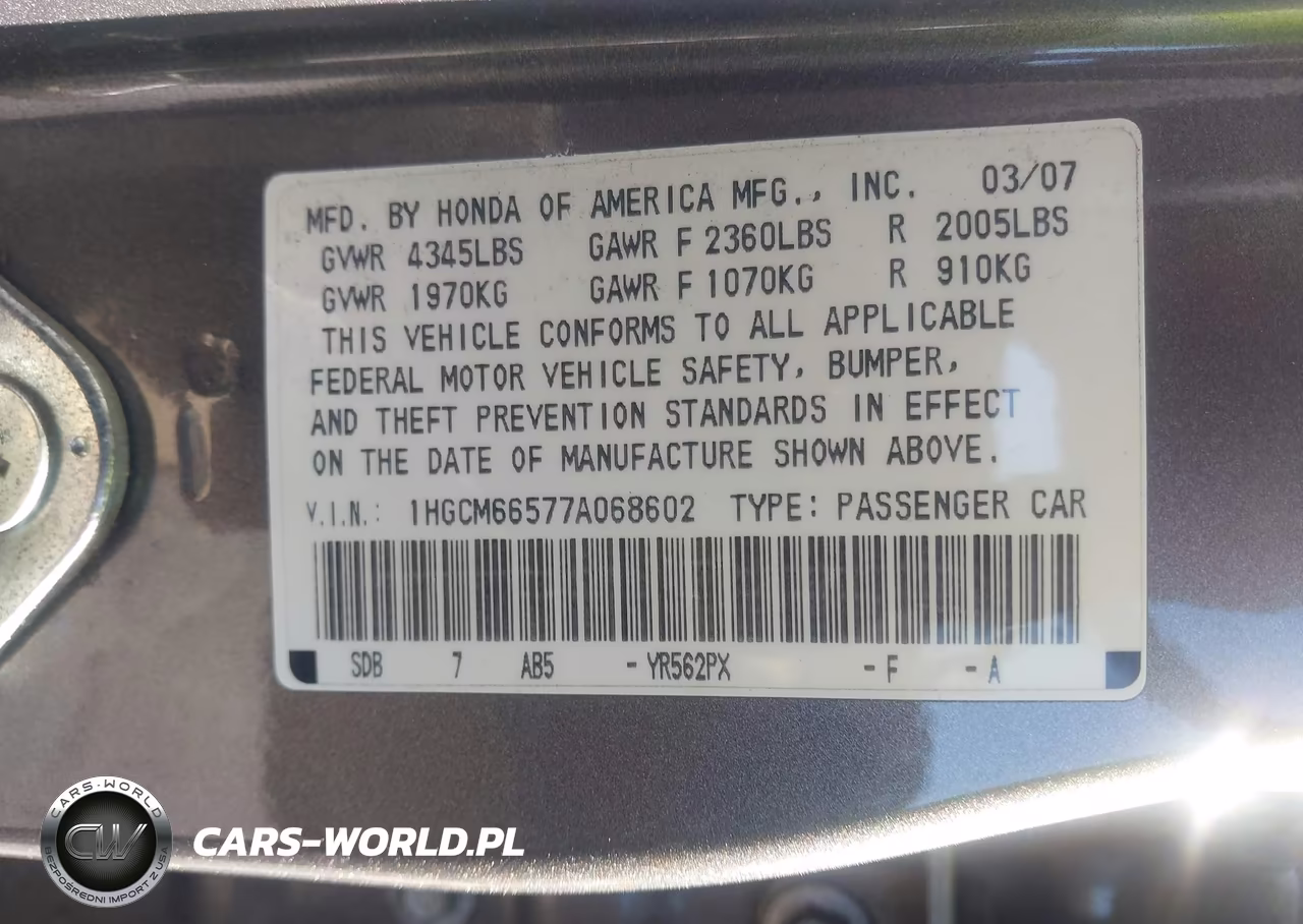 2007 Honda Accord 3.0 Ex VIN:1HGCM66577A068602 - 9