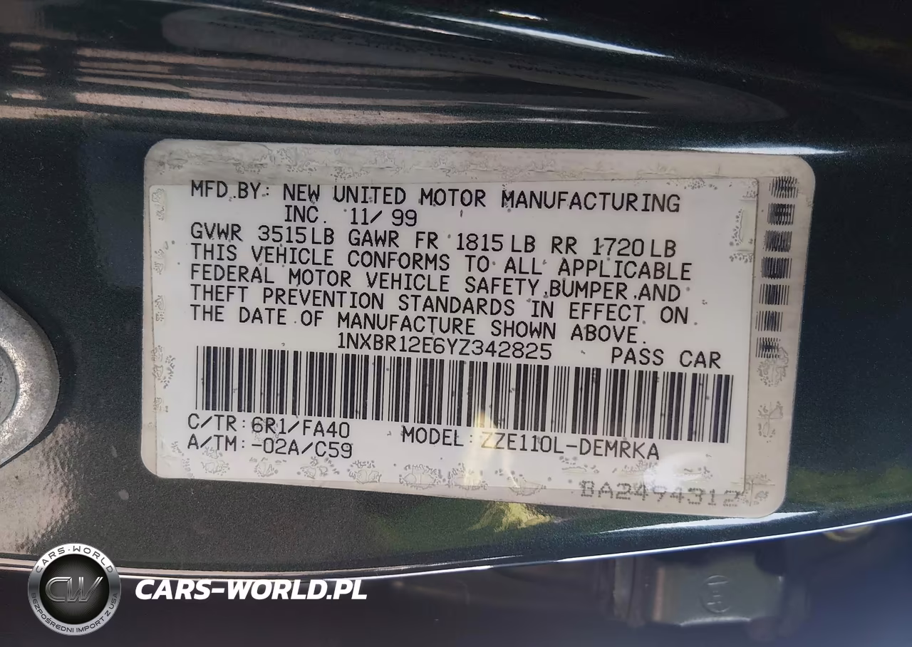 2000 Toyota Corolla Ve VIN:1NXBR12E6YZ342825 - 9