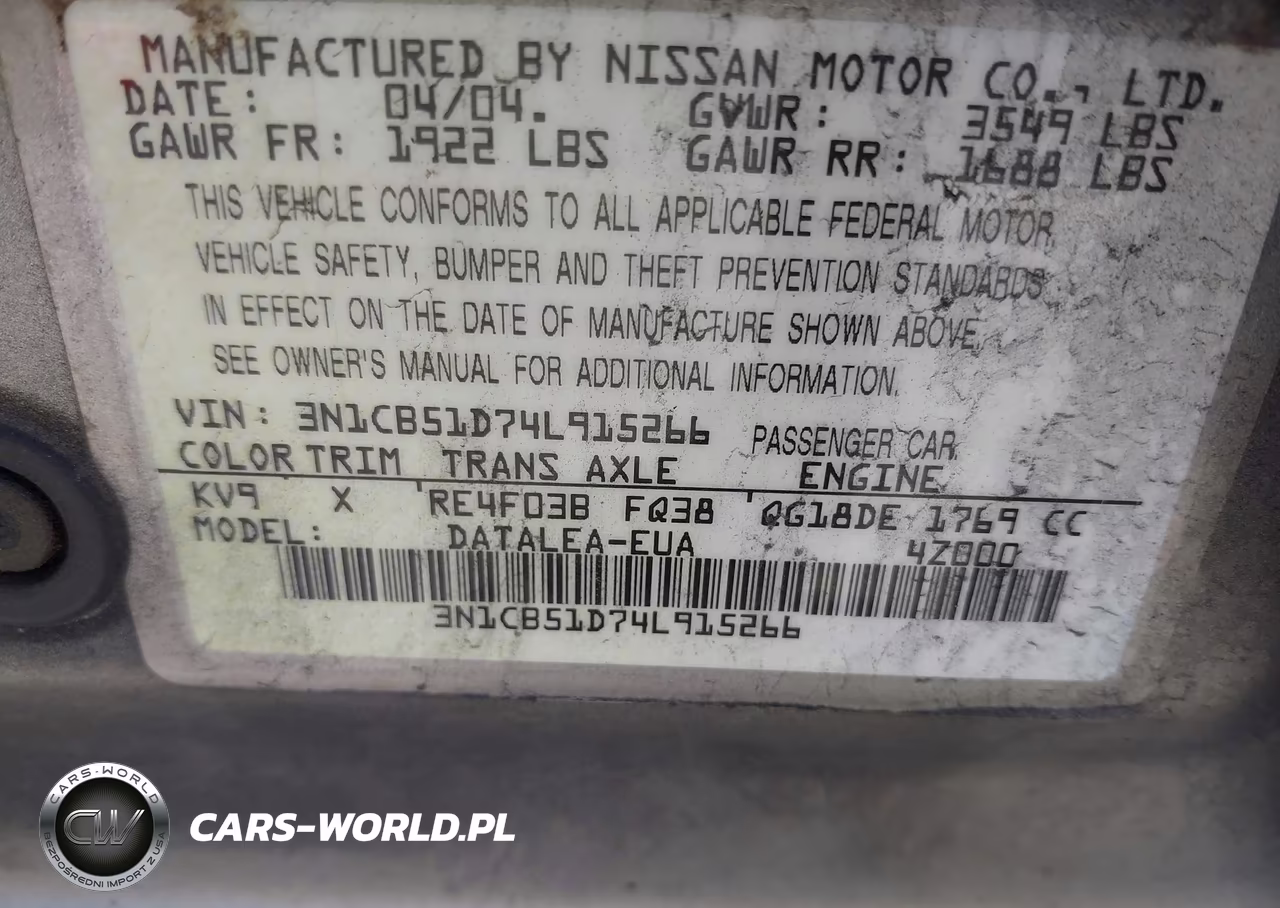 2004 Nissan Sentra 1.8S VIN:3N1CB51D74L915266 - 9