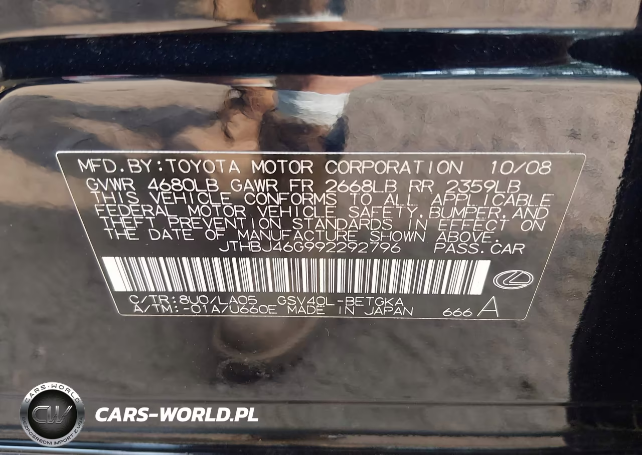 2009 Lexus Es 350 VIN:JTHBJ46G992292796 - 9