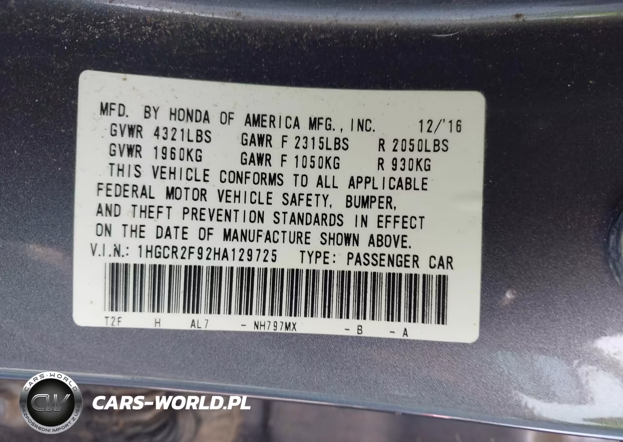 2017 Honda Accord Ex-L VIN:1HGCR2F92HA129725 - 9