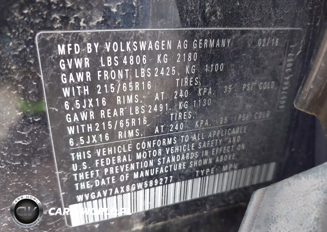 2016 Volkswagen Tiguan S VIN:WVGAV7AX8GW589277 - 9