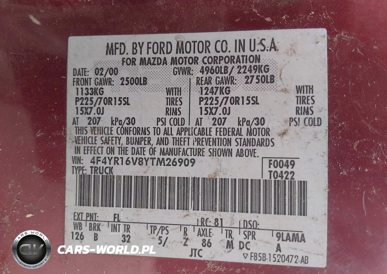 2000 Mazda B3000 Se-Tl VIN:4F4YR16V8YTM26909 - 9