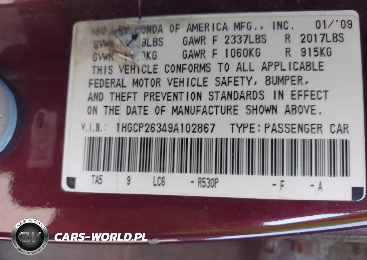 2009 Honda Accord 2.4 Lx VIN:1HGCP26349A102867 - 9