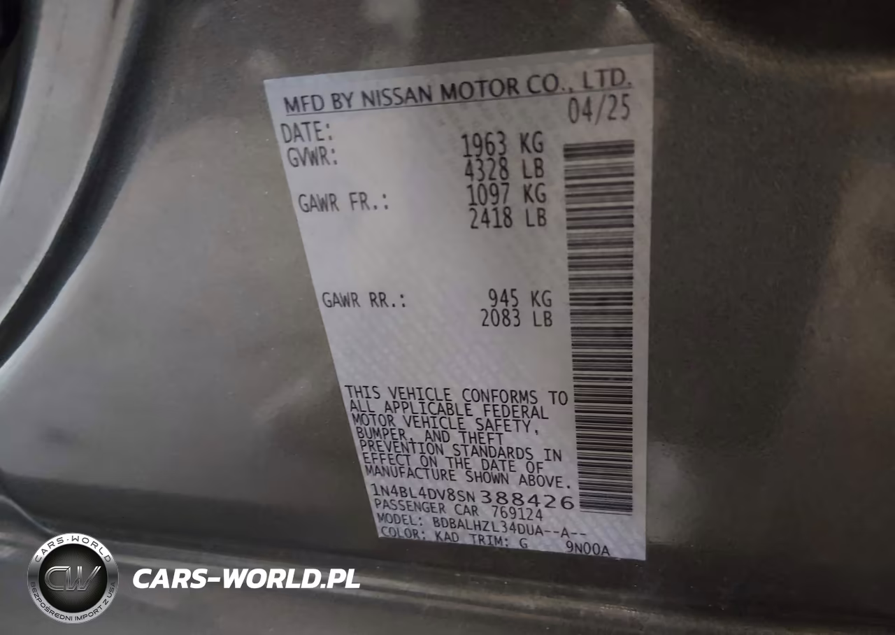 2025 Nissan Altima Sv Fwd VIN:1N4BL4DV8SN388426 - 9