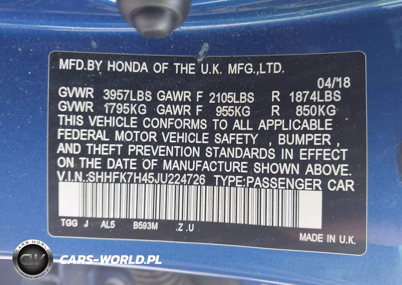 2018 Honda Civic Sport VIN:SHHFK7H45JU224726 - 9