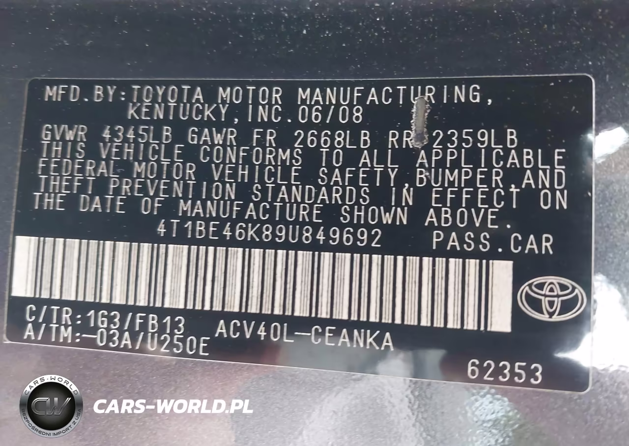 2009 Toyota Camry Le VIN:4T1BE46K89U849692 - 9