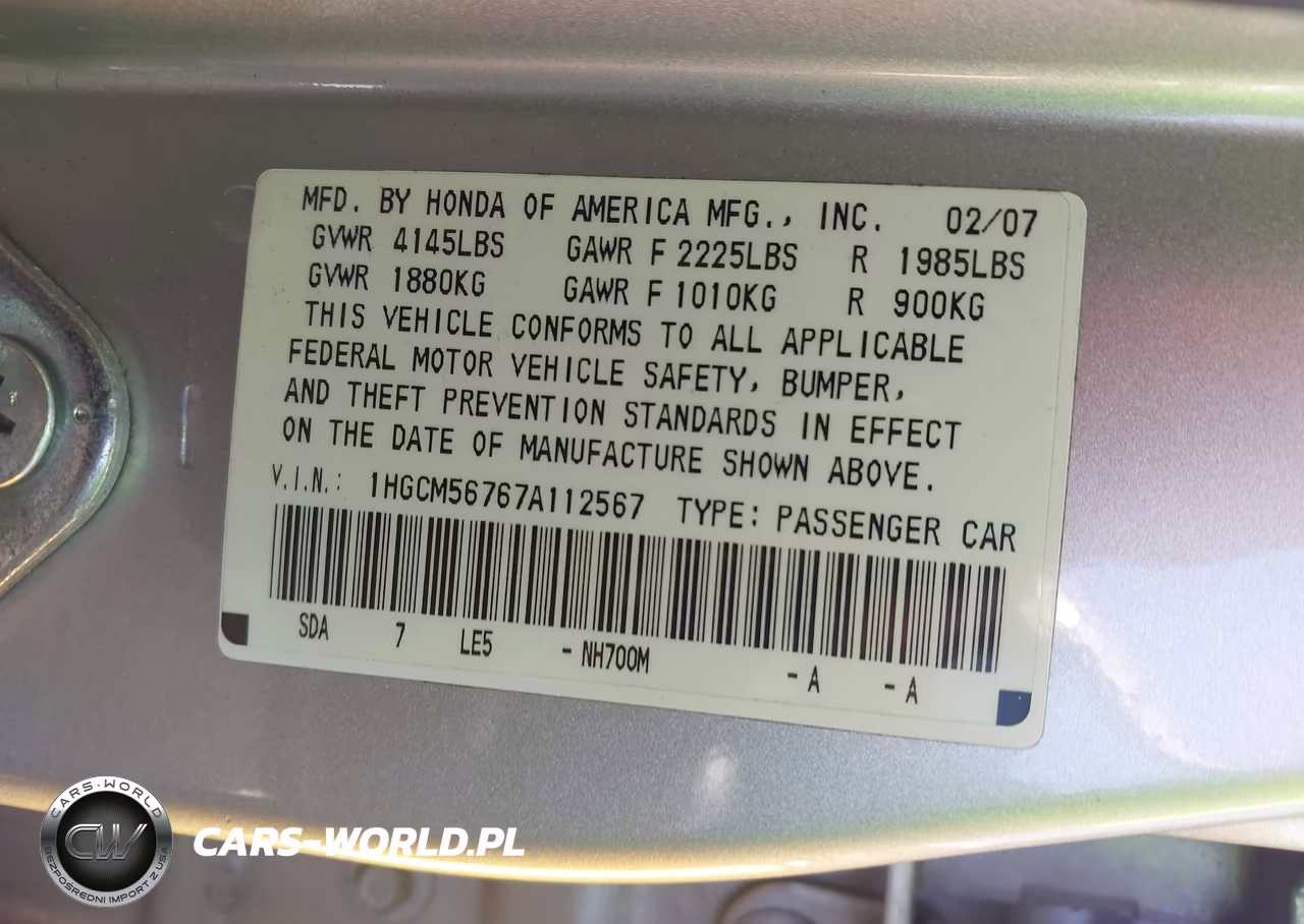 2007 Honda Accord 2.4 Ex VIN:1HGCM56767A112567 - 9