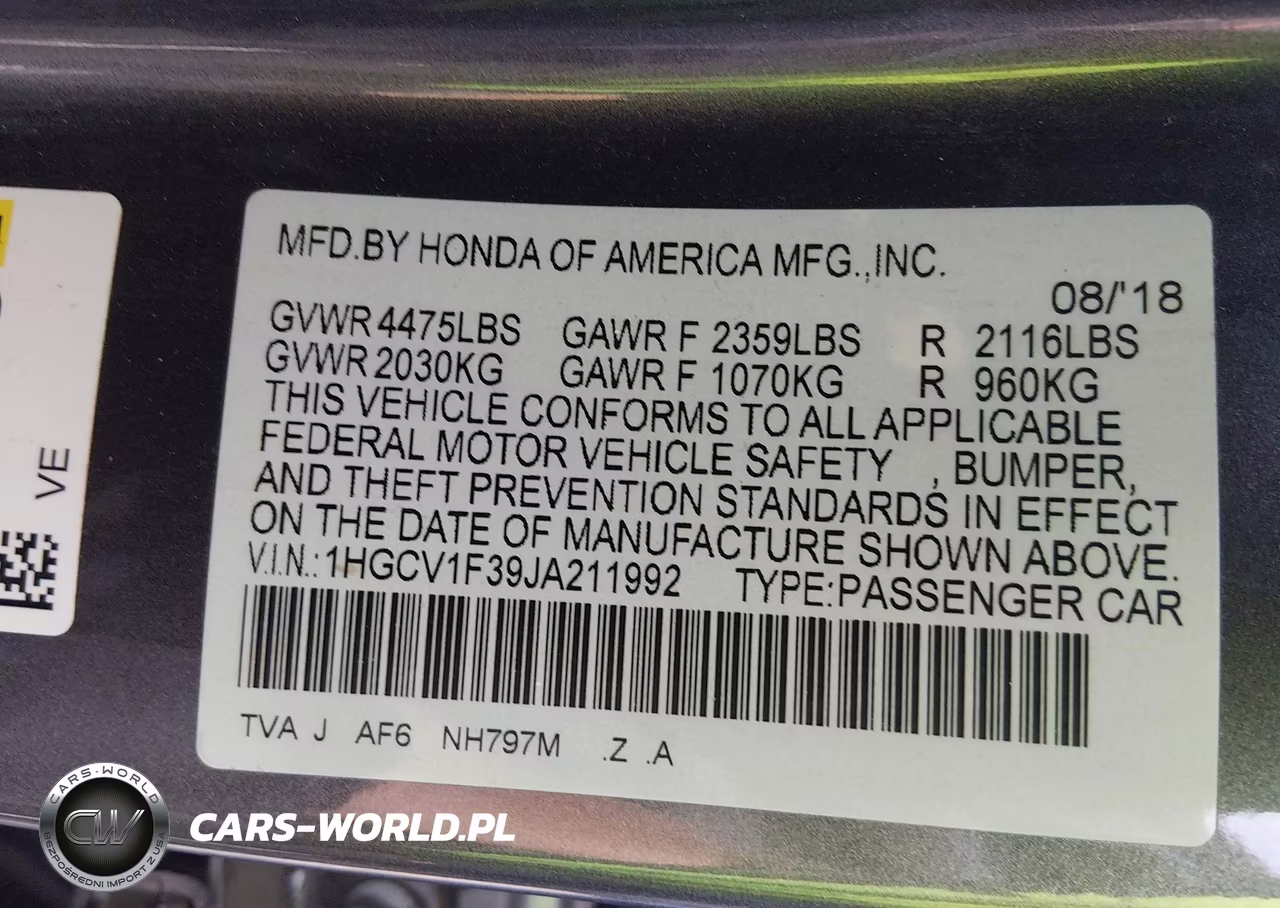 2018 Honda Accord Sport VIN:1HGCV1F39JA211992 - 9