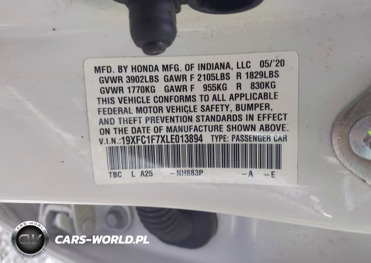 2020 Honda Civic Ex-L VIN:19XFC1F7XLE013894 - 9
