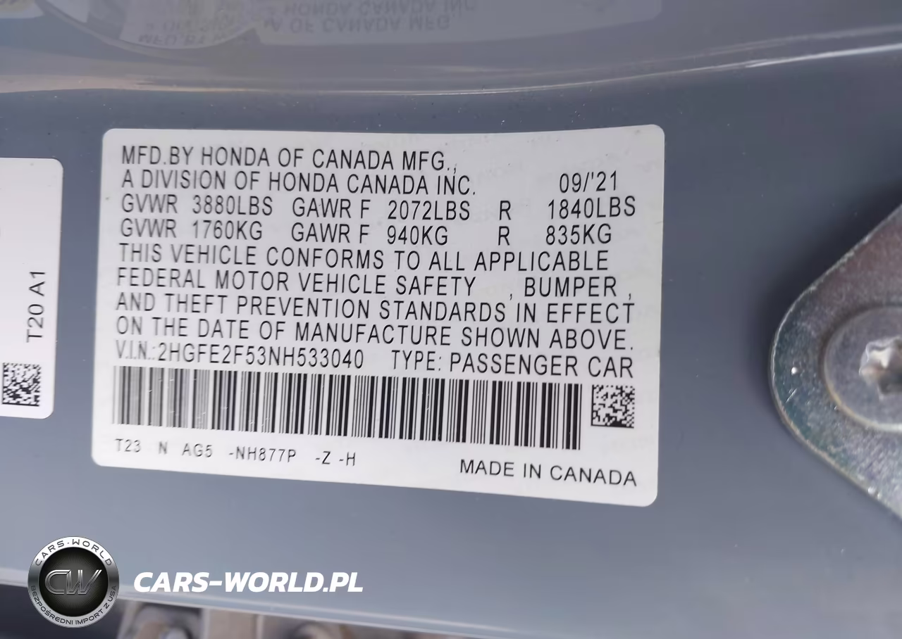 2022 Honda Civic Sport VIN:2HGFE2F53NH533040 - 9