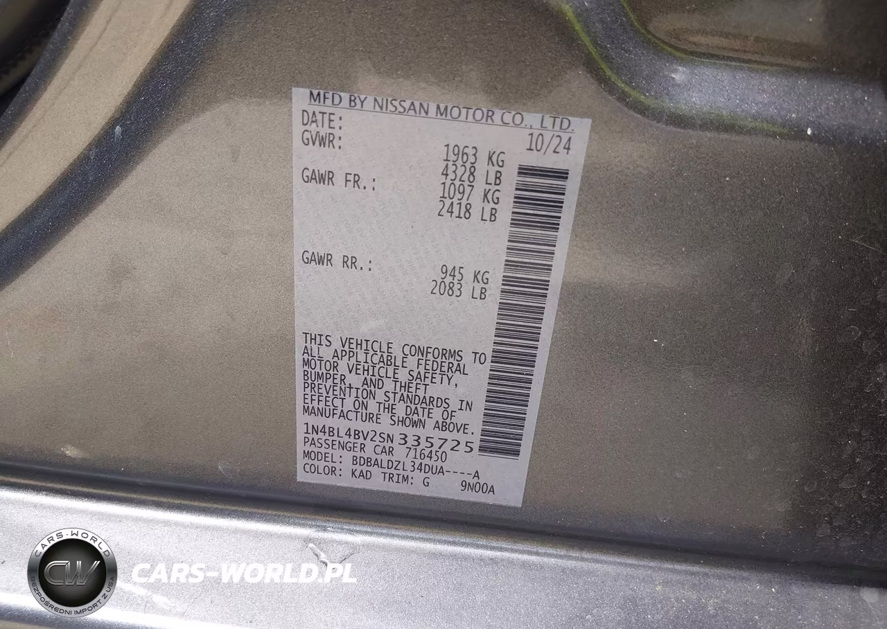 2025 Nissan Altima S Fwd VIN:1N4BL4BV2SN335725 - 9