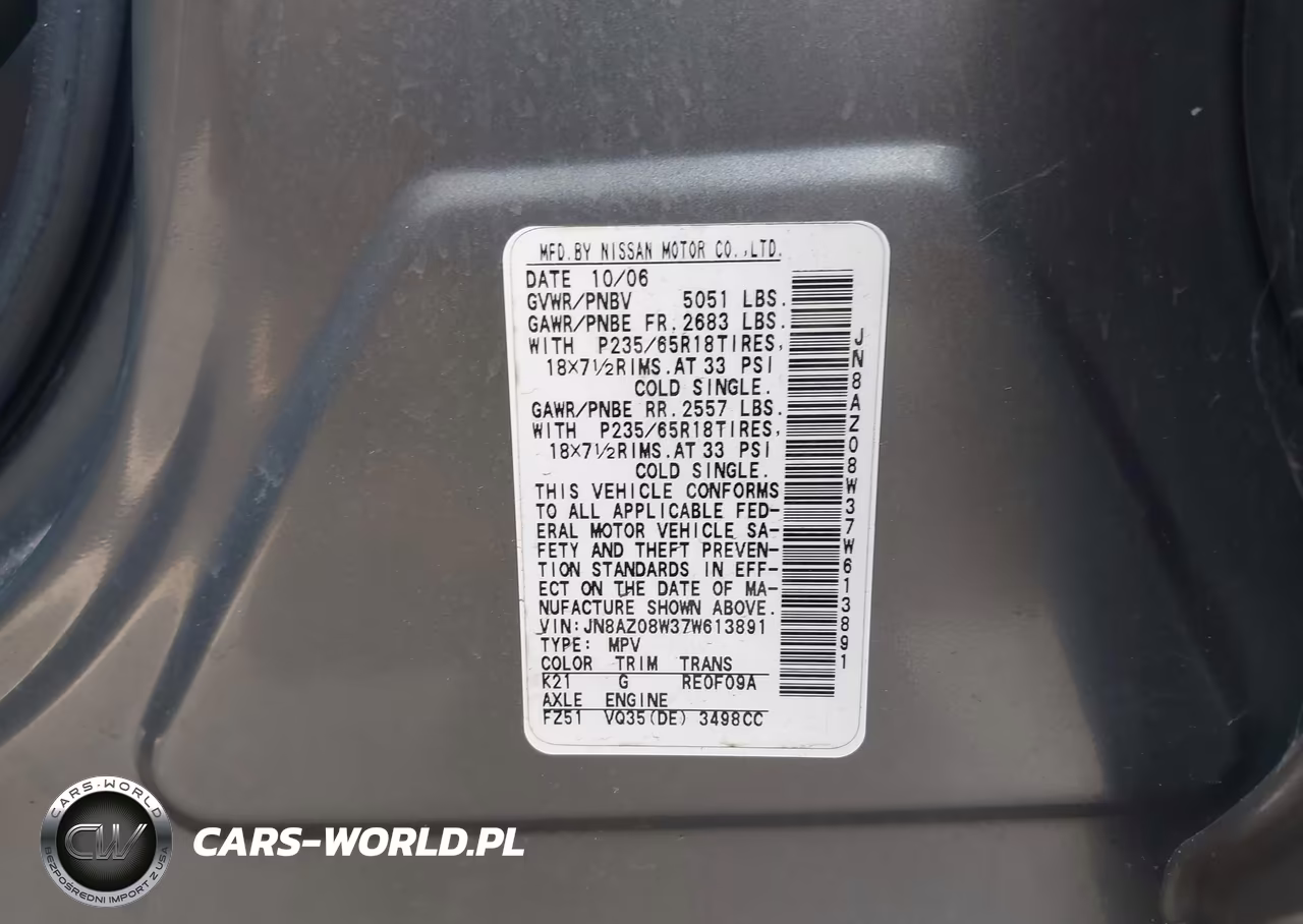 2007 Nissan Murano Sl VIN:JN8AZ08W37W613891 - 9
