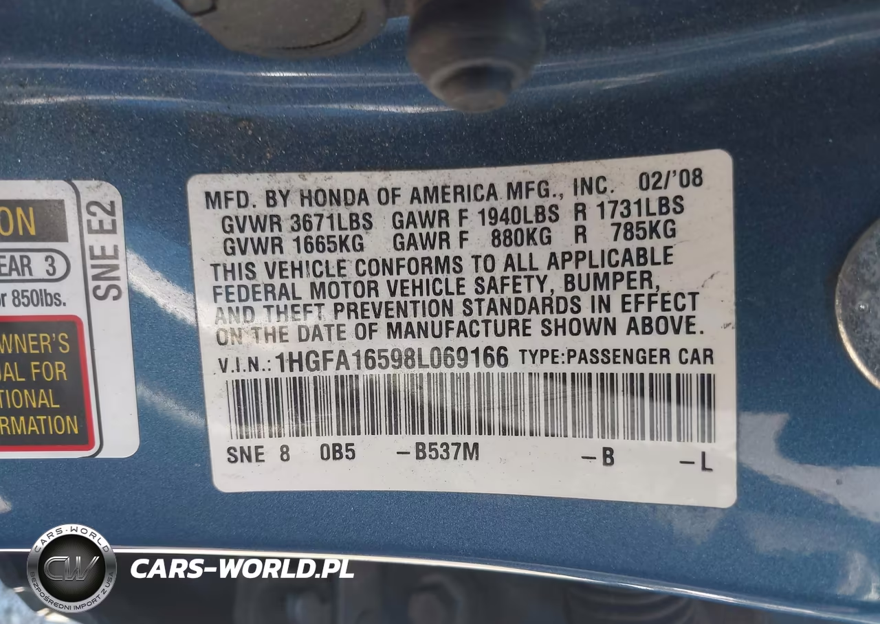 2008 Honda Civic Lx VIN:1HGFA16598L069166 - 9