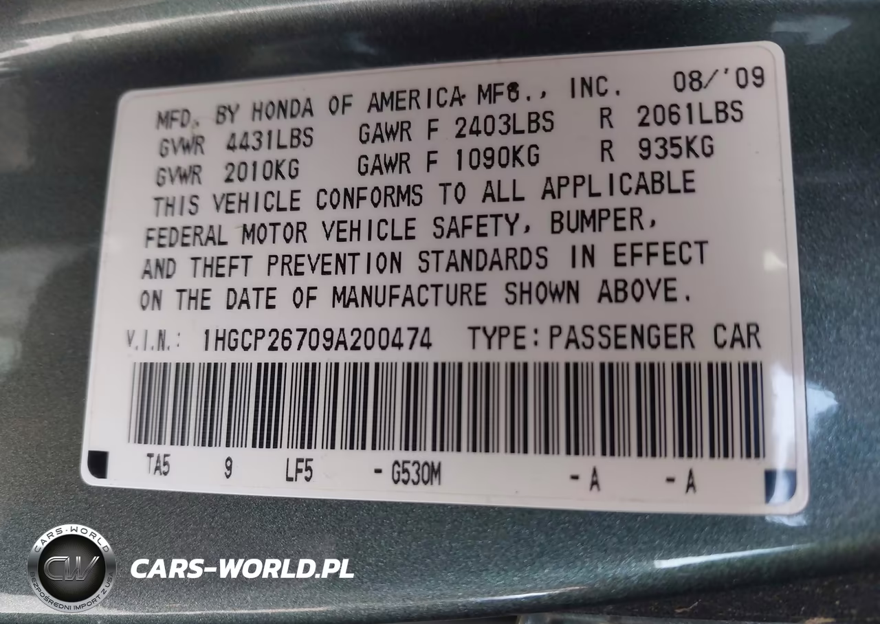 2009 Honda Accord 2.4 Ex VIN:1HGCP26709A200474 - 9
