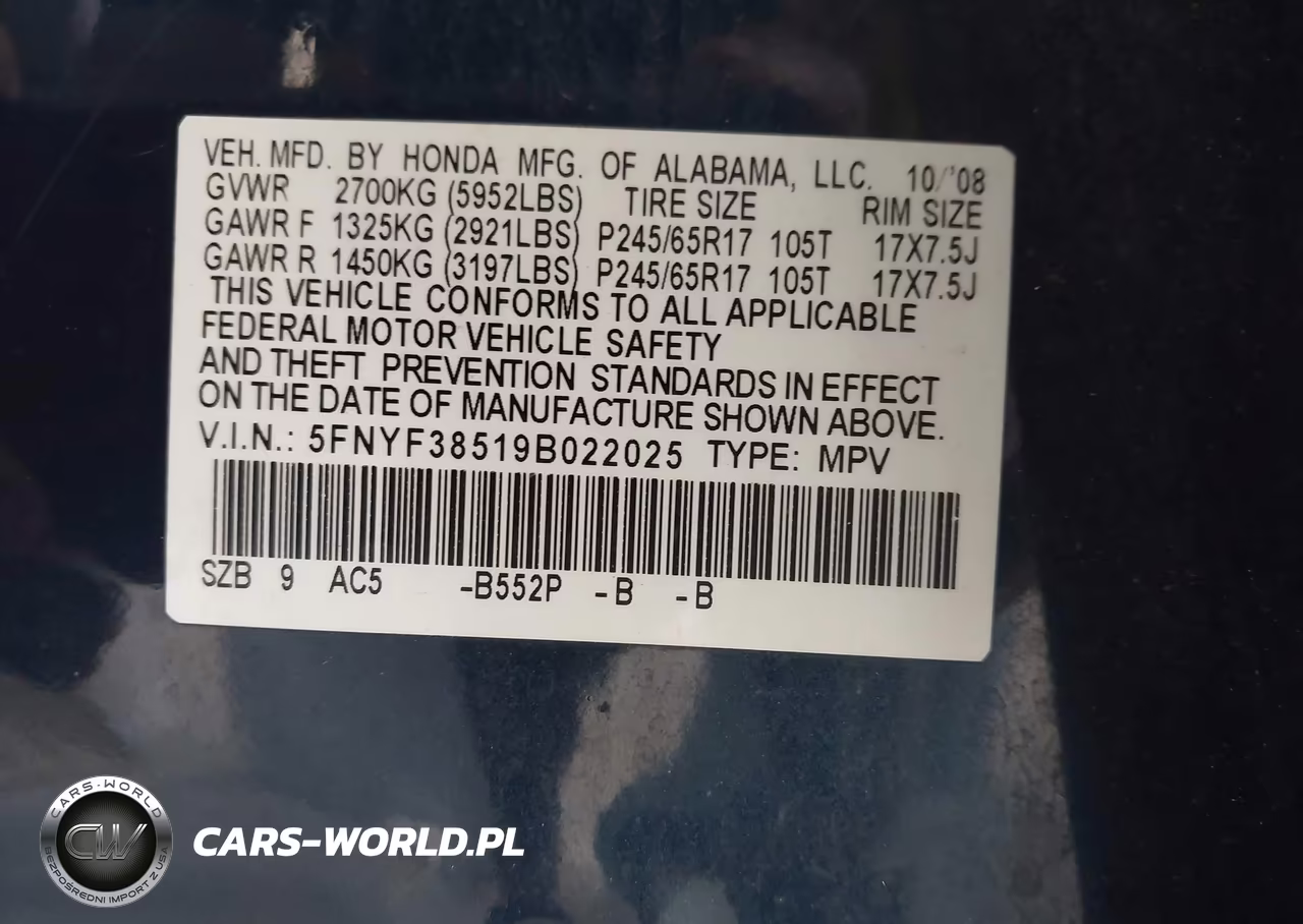 2009 Honda Pilot Ex-L VIN:5FNYF38519B022025 - 9