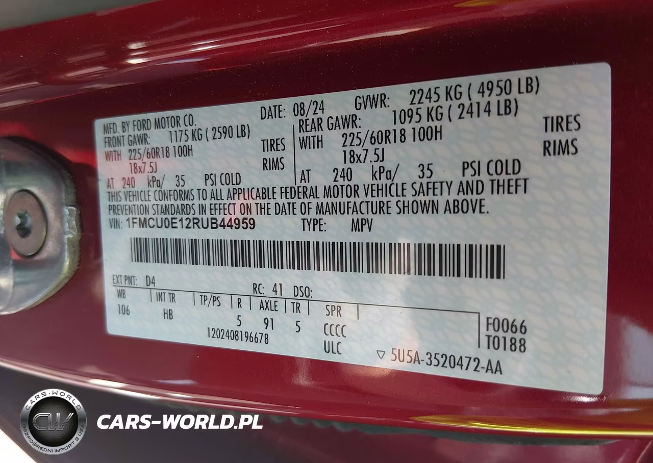 2024 Ford Escape Phev VIN:1FMCU0E12RUB44959 - 9