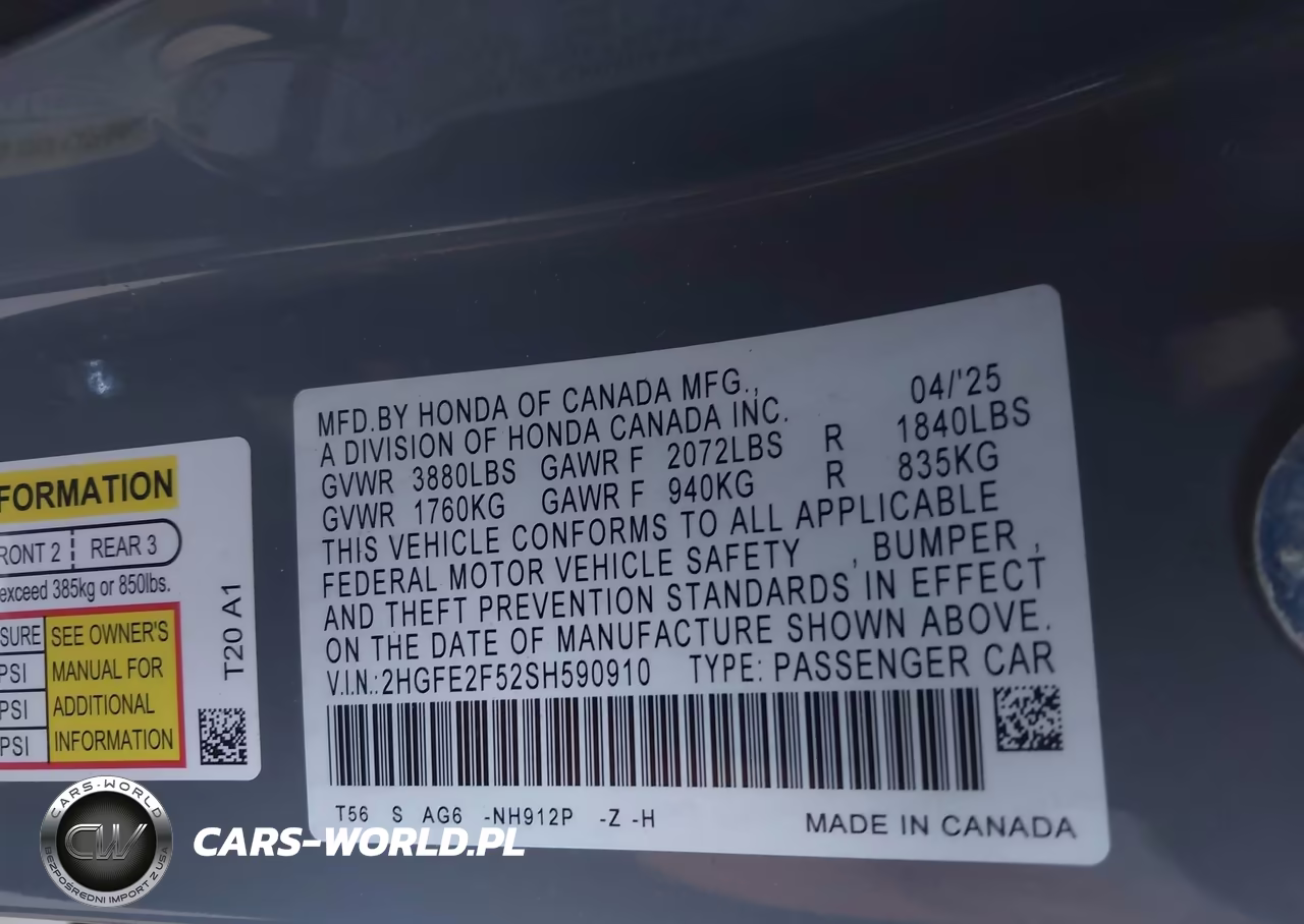 2025 Honda Civic Sport VIN:2HGFE2F52SH590910 - 9