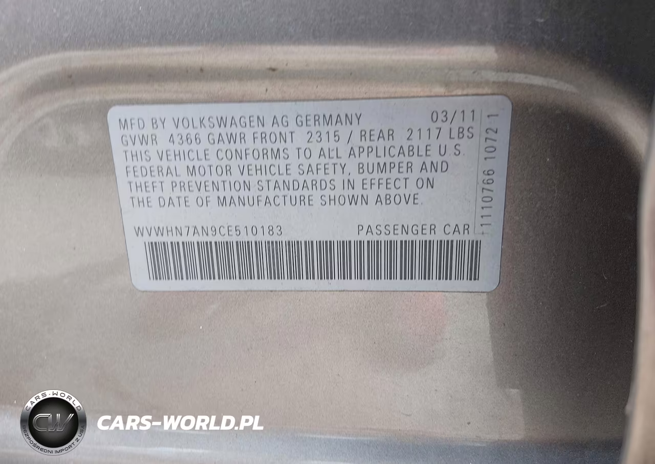2012 Volkswagen Cc Lux VIN:WVWHN7AN9CE510183 - 9