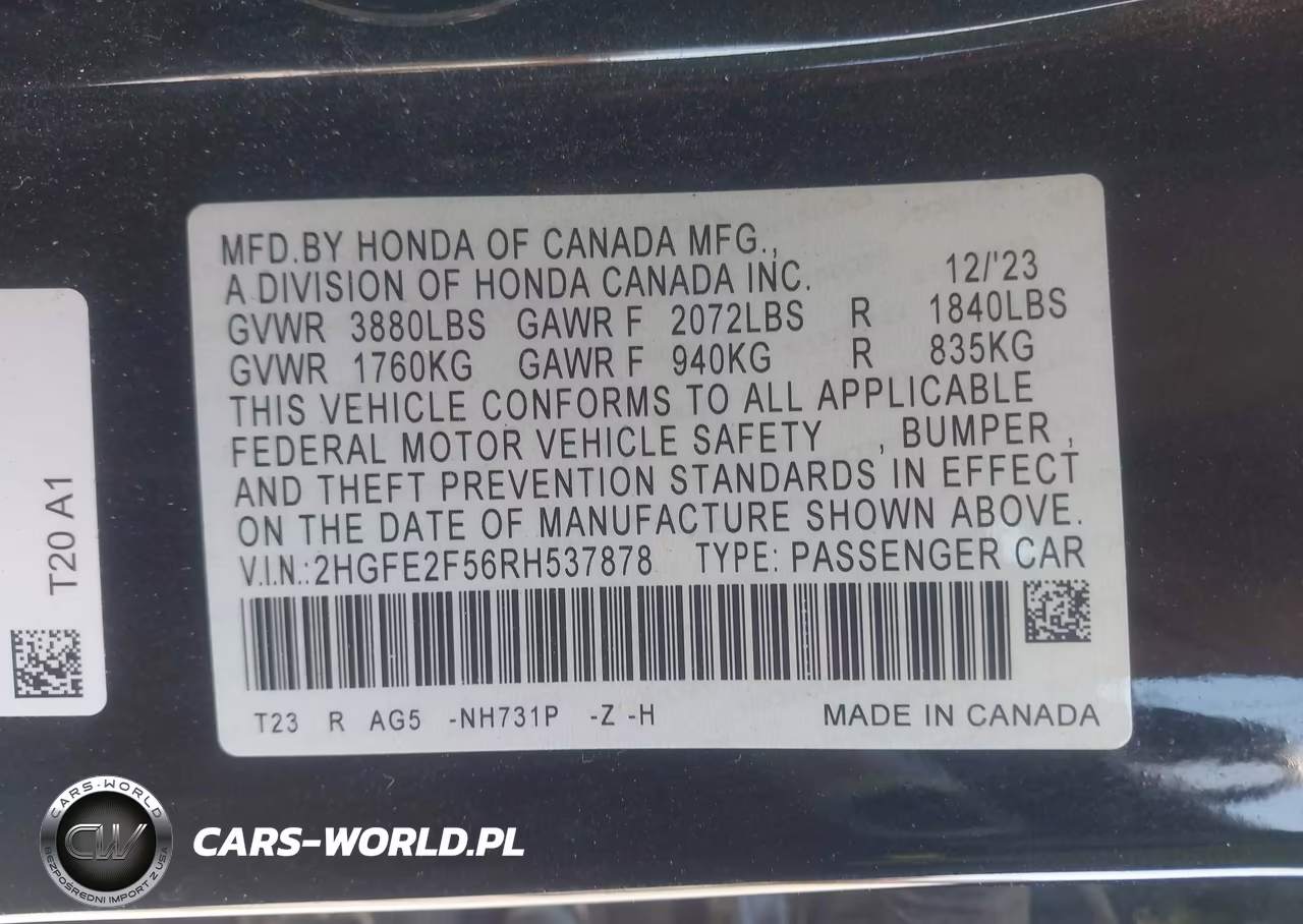 2024 Honda Civic Sport VIN:2HGFE2F56RH537878 - 9