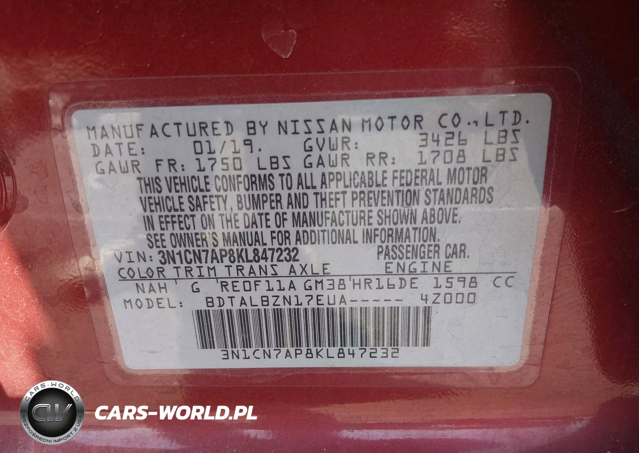 2019 Nissan Versa 1.6 Sv VIN:3N1CN7AP8KL847232 - 9