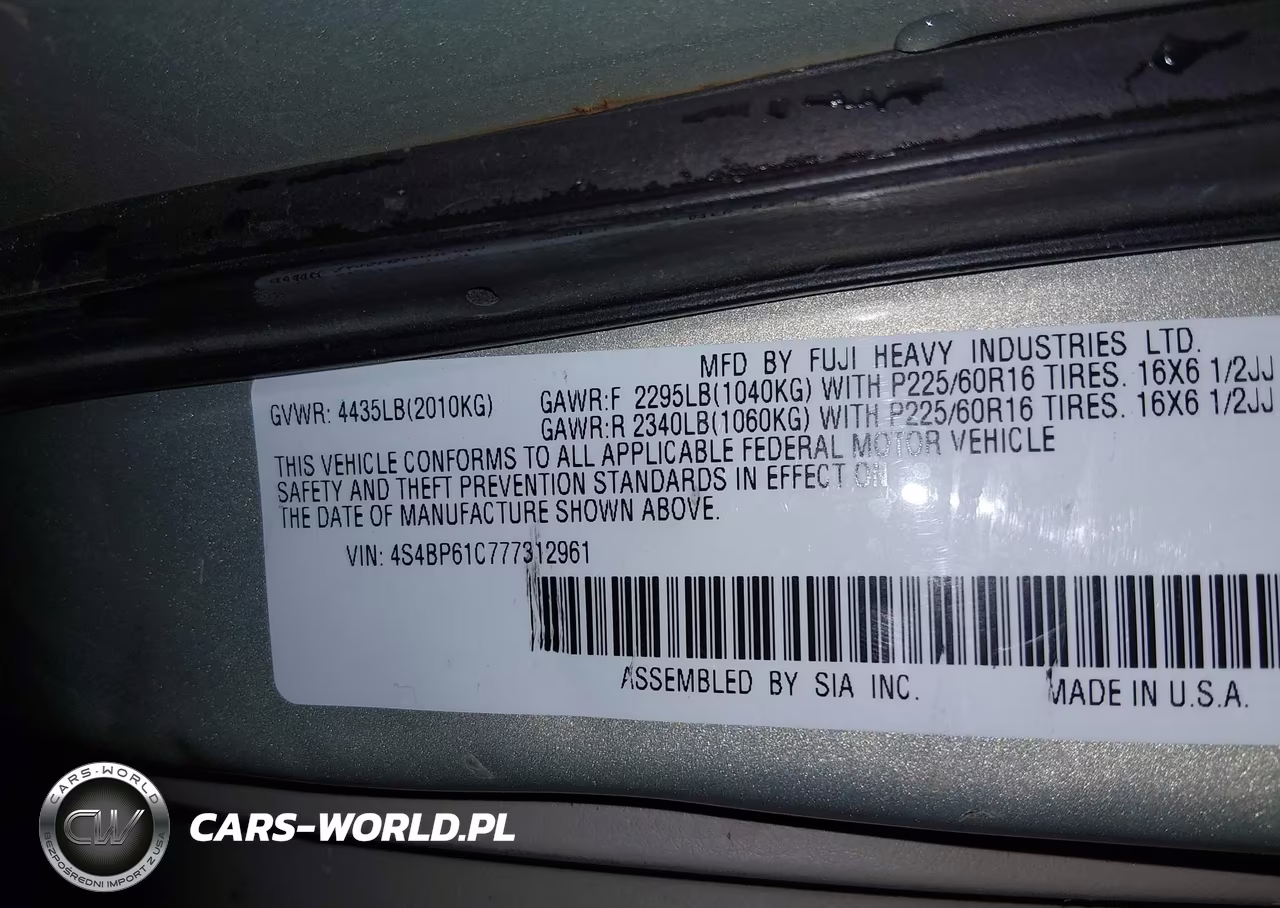 2007 Subaru Outback 2.5I Basic VIN:4S4BP61C777312961 - 9