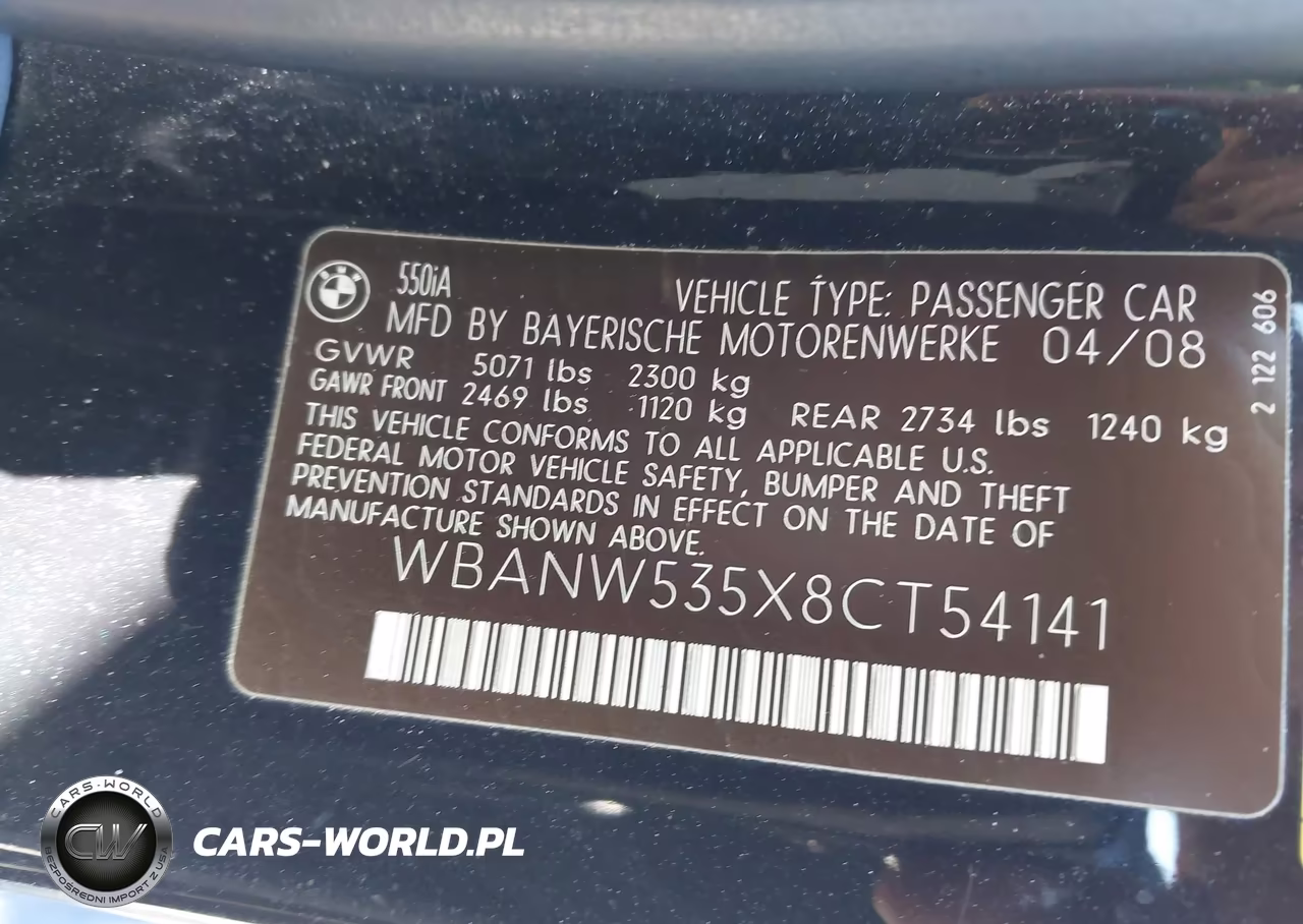 2008 BMW 550I VIN:WBANW535X8CT54141 - 9