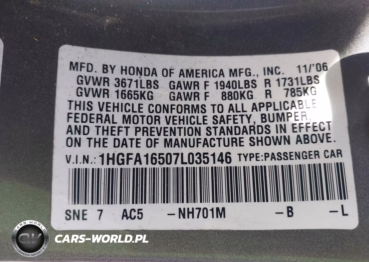 2007 Honda Civic Lx VIN:1HGFA16507L035146 - 9