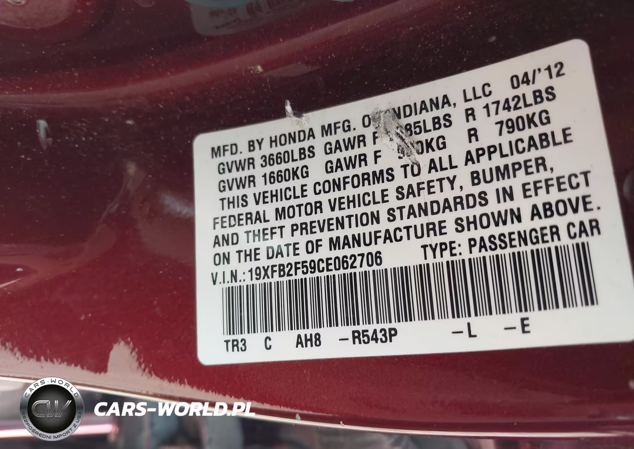 2012 Honda Civic Lx VIN:19XFB2F59CE062706 - 9