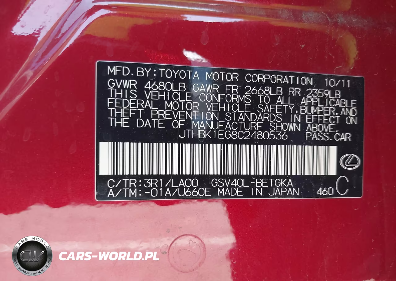 2012 Lexus Es 350 VIN:JTHBK1EG8C2480536 - 9