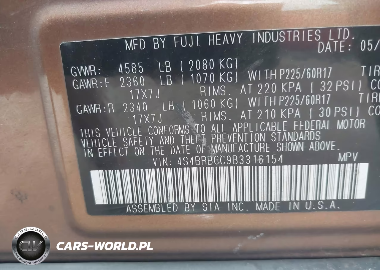 2011 Subaru Outback 2.5I Premium VIN:4S4BRBCC9B3316154 - 9