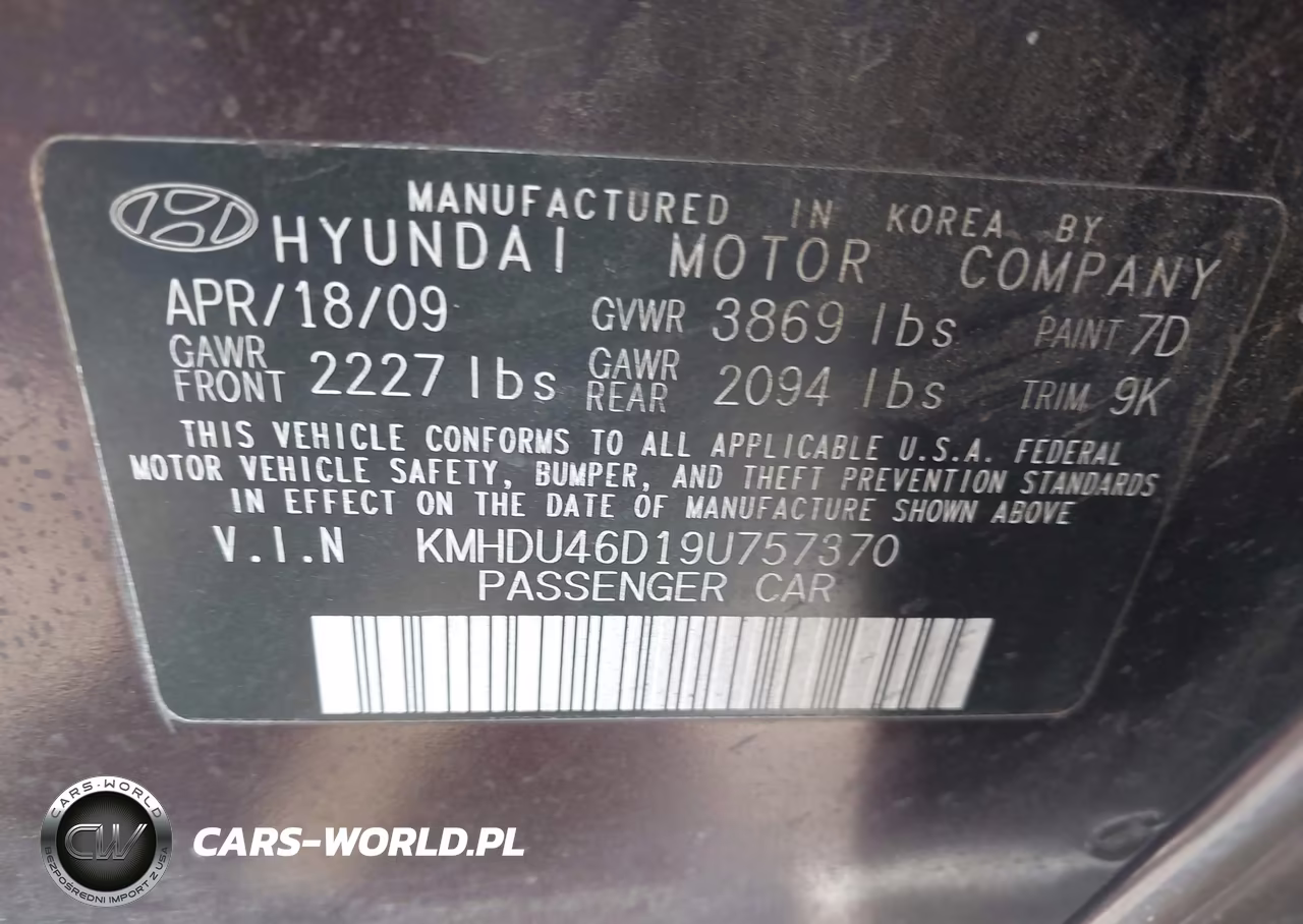 2009 Hyundai Elantra Gls VIN:KMHDU46D19U757370 - 9