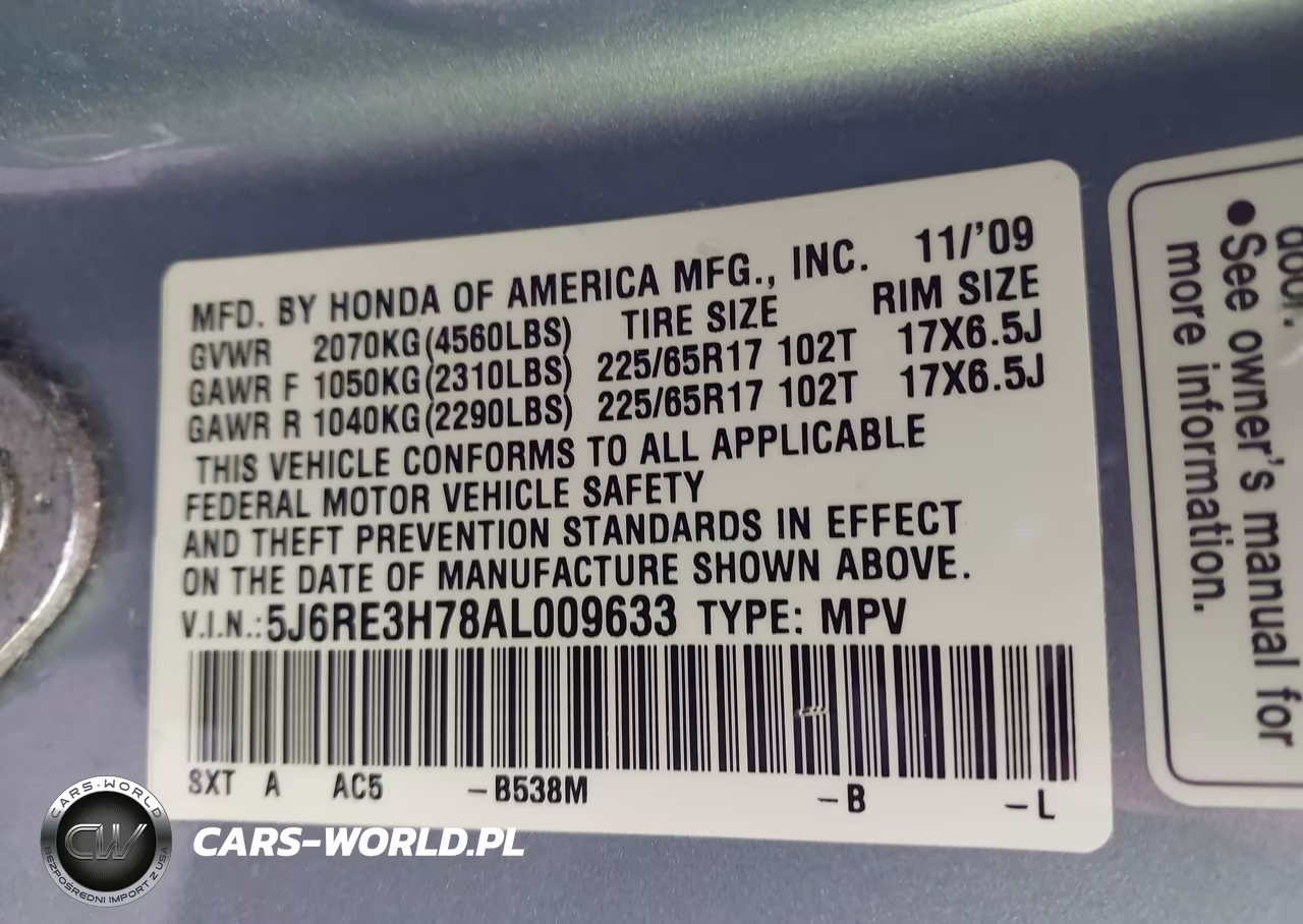 2010 Honda Cr-V Ex-L VIN:5J6RE3H78AL009633 - 9