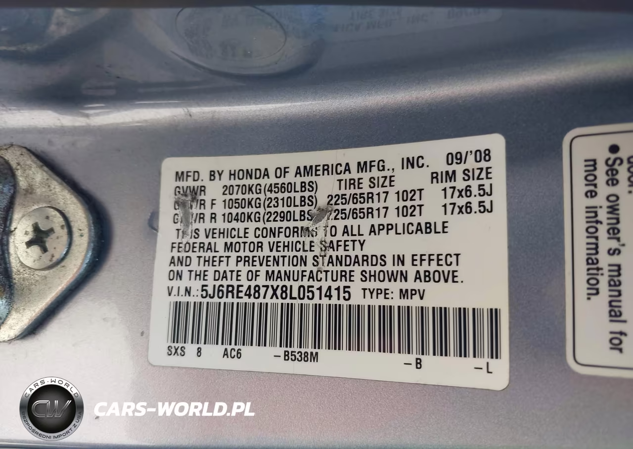 2008 Honda Cr-V Ex-L VIN:5J6RE487X8L051415 - 9