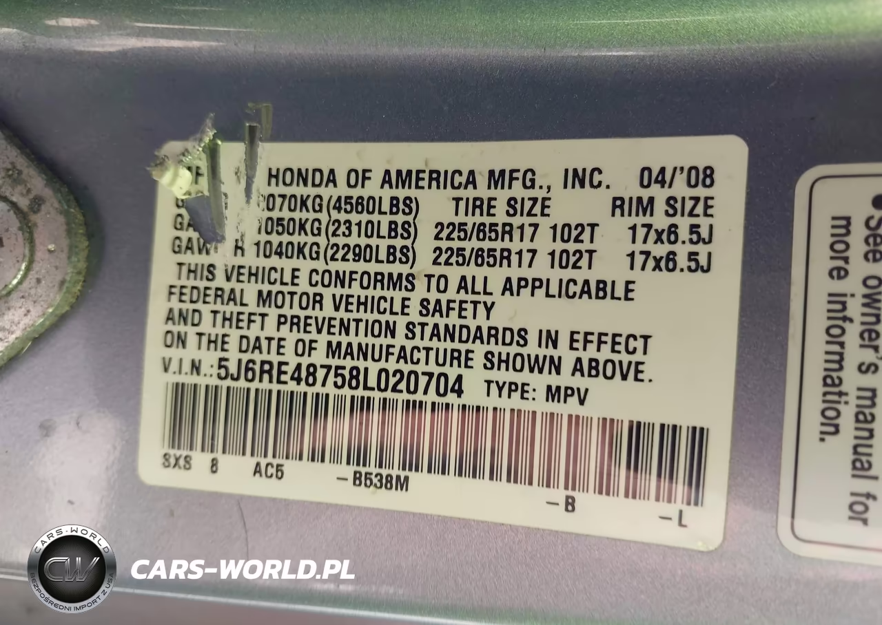 2008 Honda Cr-V Ex-L VIN:5J6RE48758L020704 - 9