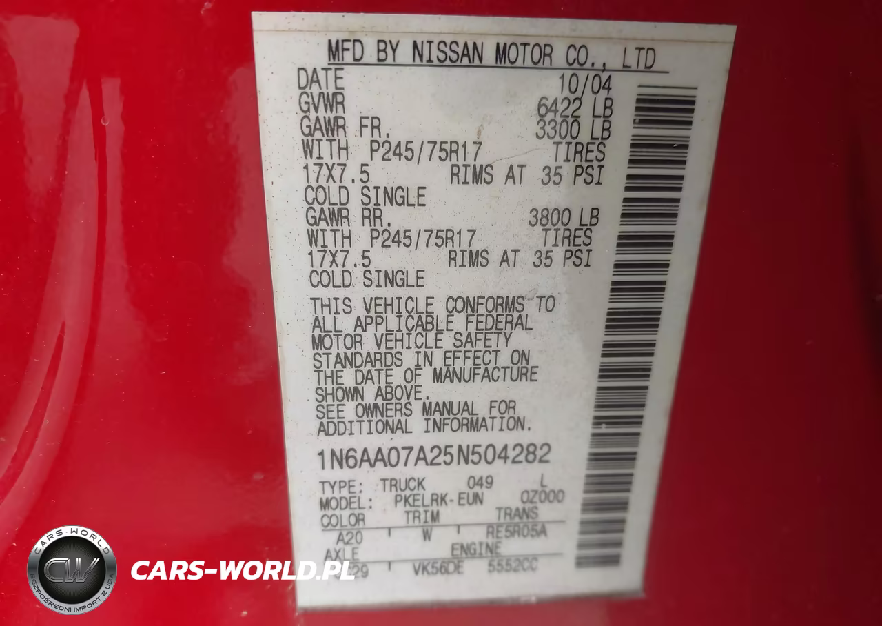 2005 Nissan Titan Xe VIN:1N6AA07A25N504282 - 9