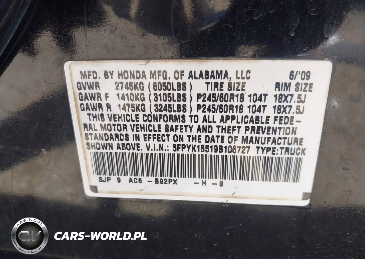 2009 Honda Ridgeline Rtl VIN:5FPYK16519B106727 - 9