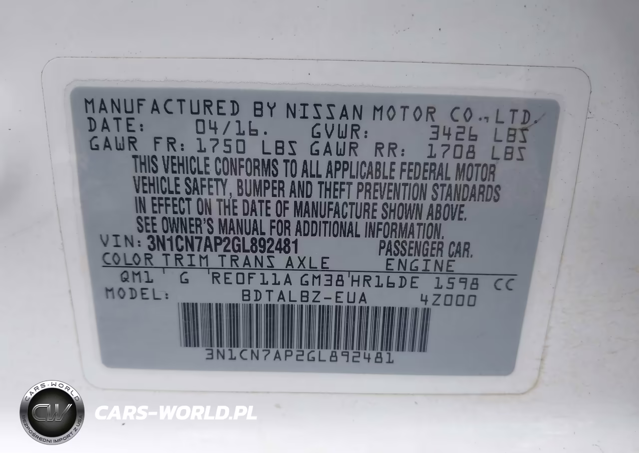 2016 Nissan Versa 1.6 S-1.6 S+-1.6 Sl-1.6 Sv VIN:3N1CN7AP2GL892481 - 9