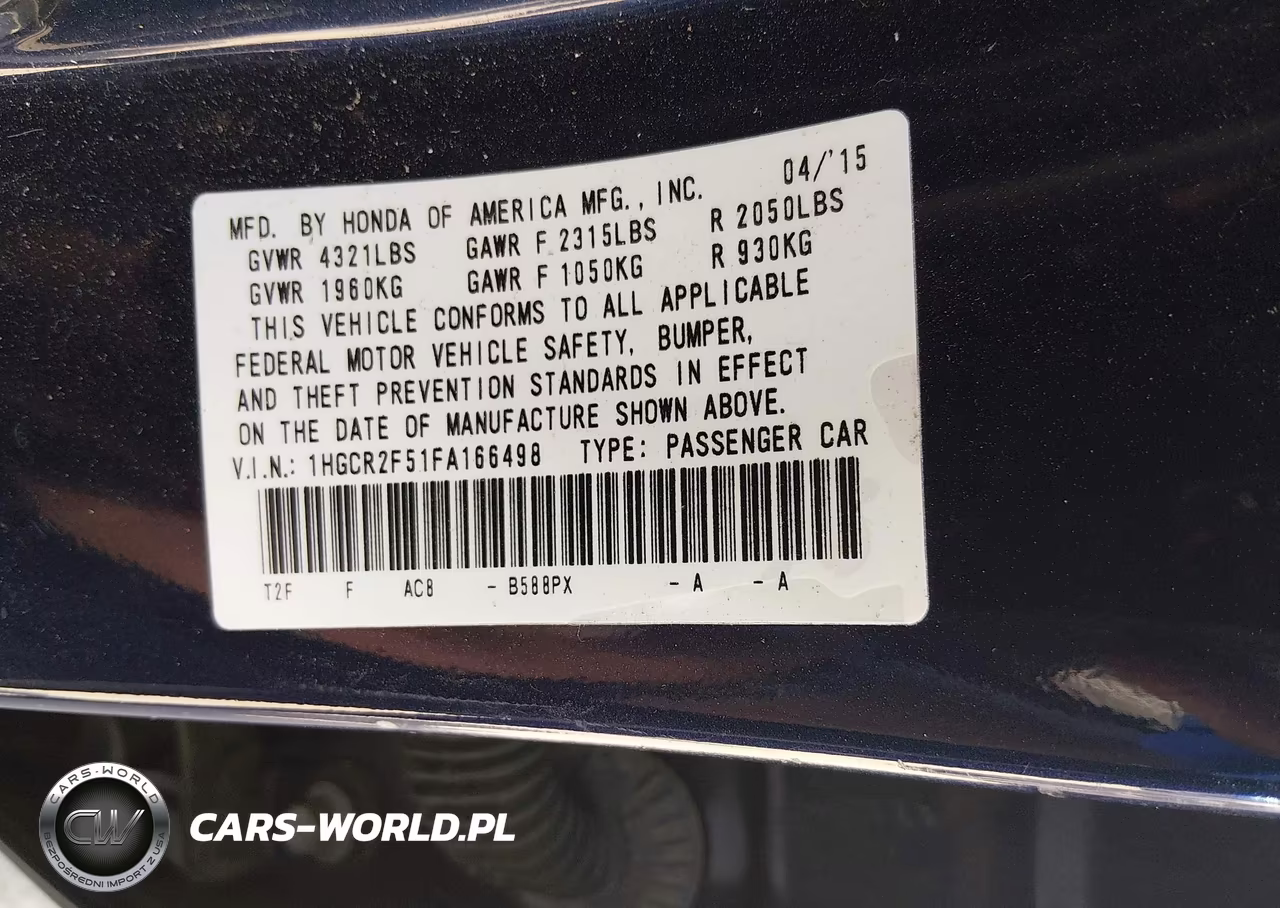 2015 Honda Accord Sport VIN:1HGCR2F51FA166498 - 9