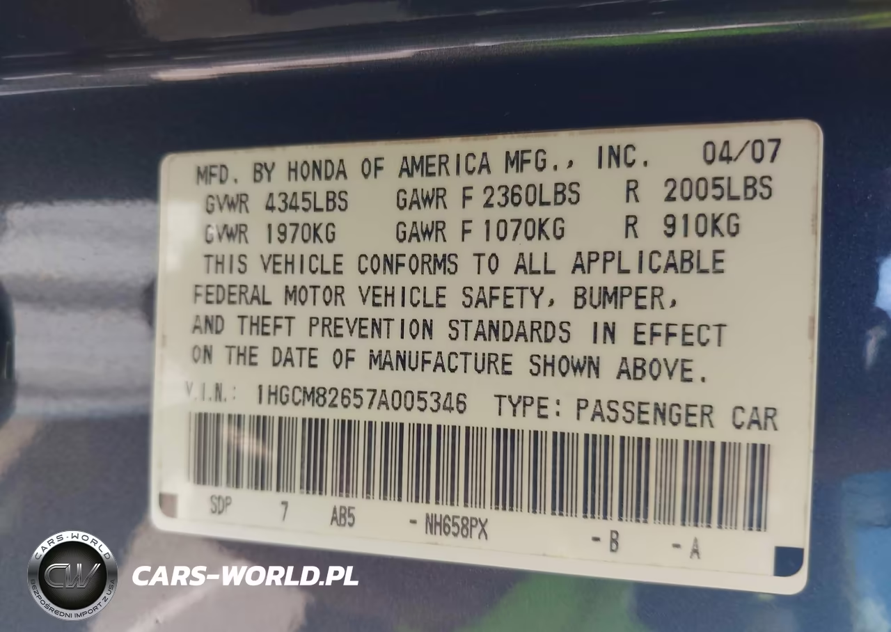 2007 Honda Accord 3.0 Ex VIN:1HGCM82657A005346 - 9