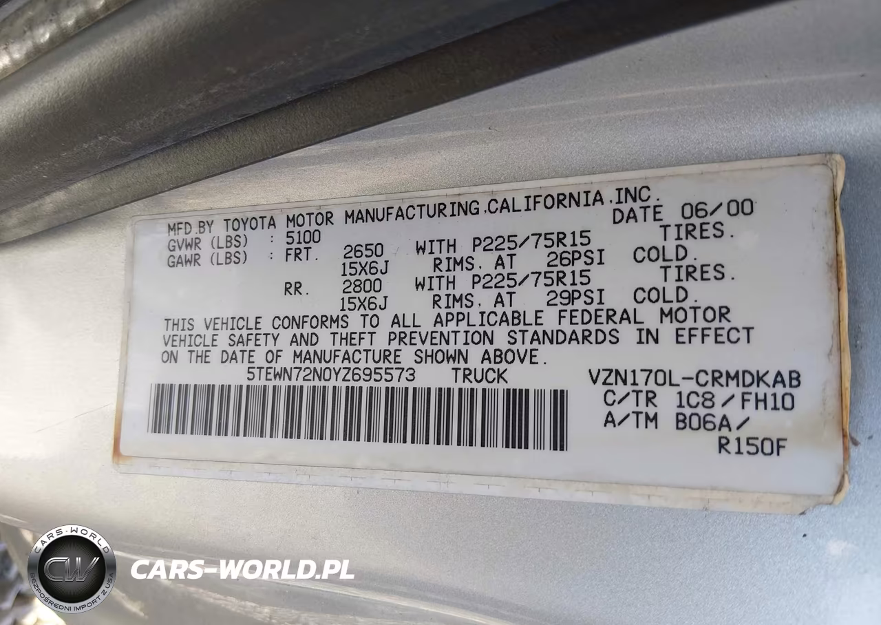 2000 Toyota Tacoma Base V6 VIN:5TEWN72N0YZ695573 - 9
