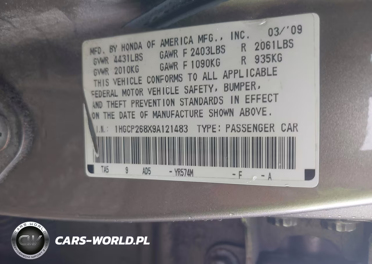 2009 Honda Accord 2.4 Ex-L VIN:1HGCP268X9A121483 - 9